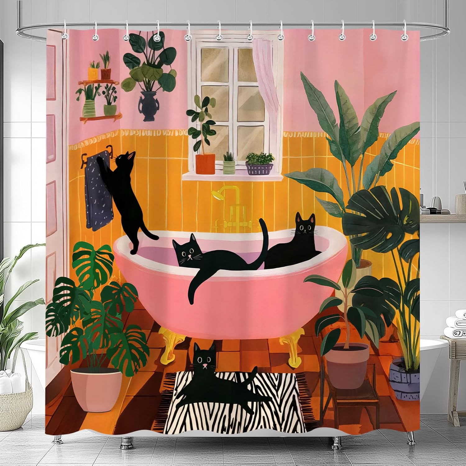 Funny Cat Shower Curtain‌, ‌Cute Humorous Black Cat Matisse Shower Curtains for Bathroom‌, ‌Fun Animal Kitten Green Tropical Plant Pink Orange Decor Fabric Shower Curtain Sets 12 Hooks 72X72IN