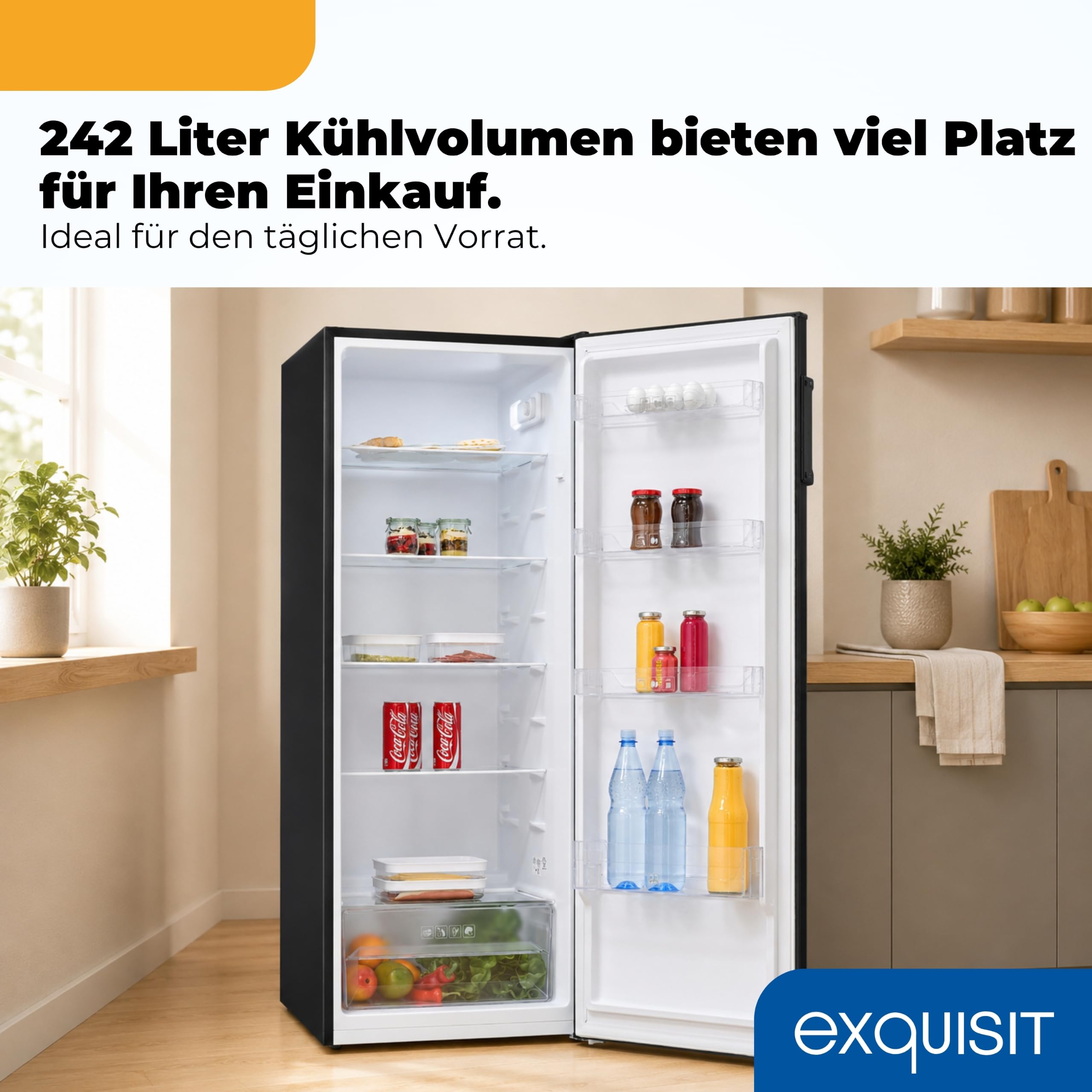 Exquisit Kühlschrank ohne Gefrierfach, Großer Kühlschrank, 5 Ablagen, 242 Liter, Vollraumkühlschrank 143 cm hoch, KS5320-V-H-040E schwarz