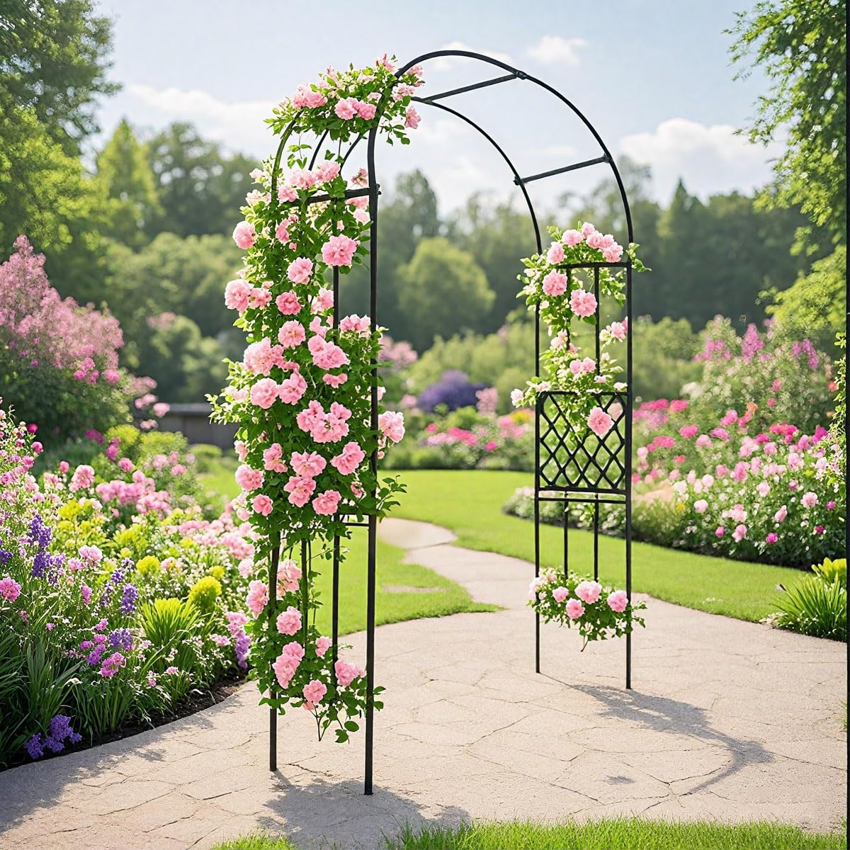 Zewnętrzny metalowy łuk ogrodowy, krata, wodoodporna pergola altana do roślin pnących, 2,5 x 2,7 m (szer. x wys.), idealna na wesela trawnikowe i dekoracje imprezowe, stojak ogrodowy