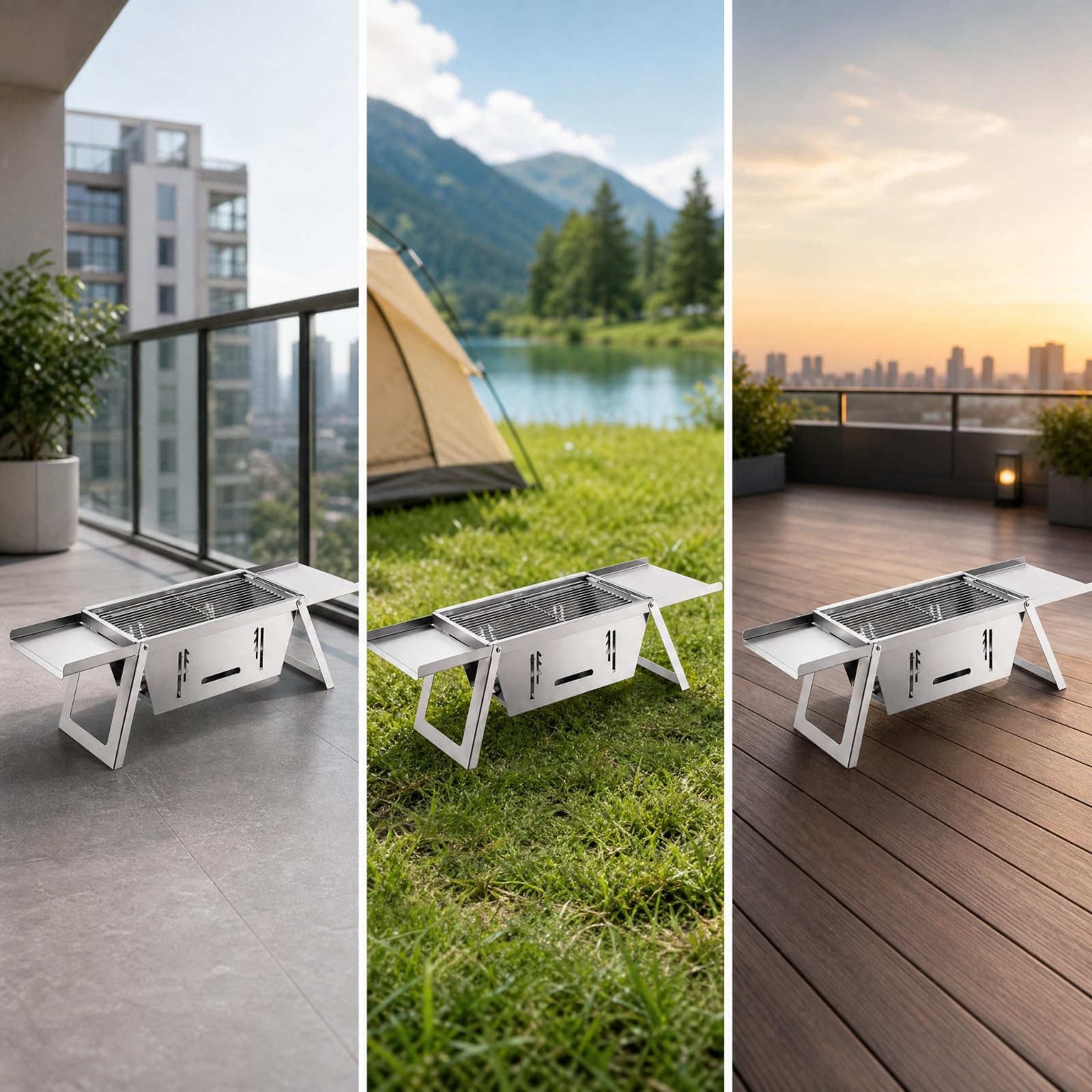 Parrilla Carbón Plegable Acero Inoxidable Compacto Parrilla Plegable Portátil Resistente a Elevadas Temperaturas para Patio, Cocina Al Libre