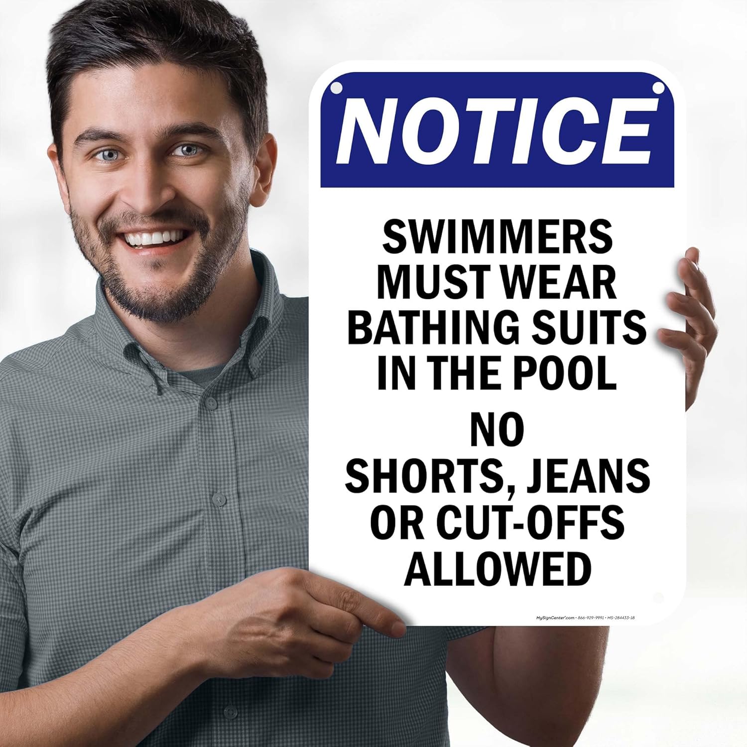 Notice Swimmers Must Wear Bathing Suits In The Pool No Shorts Jeans Or CutOffs Allowed Sign, 12x18 Inches, 55 mil thick HDPS (high density polystyrene), Made in USA by My Sign Center