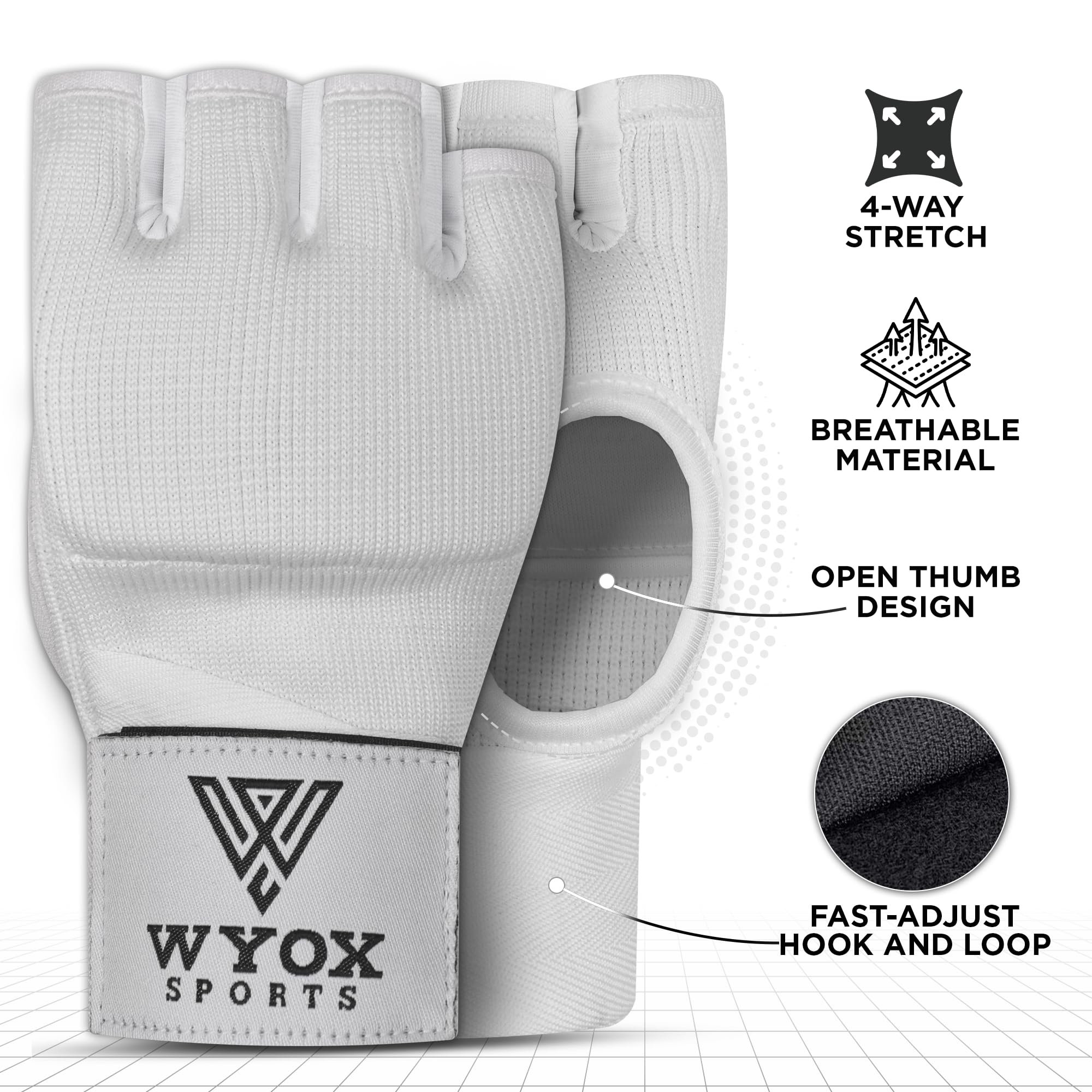 WYOX Guantoni interni in gel per uomo e donna, 80 cm, cinturino da polso rapido, supporto imbottito per nocche, senza dita, per MMA, Muay Thai, kickboxing, allenamento, pugni e arti marziali