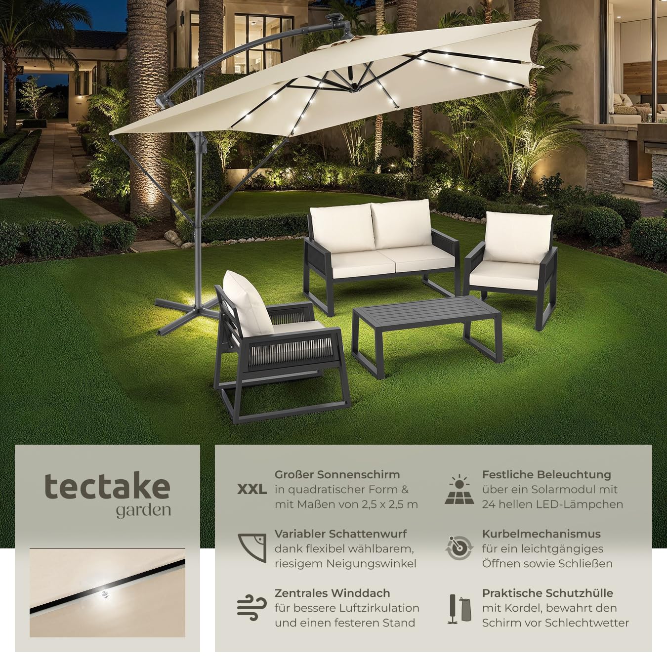 tectake® Sonnenschirm rechteckig, mit Solar LED Beleuchtung, wasserabweisend, mit Schutzhülle & Kurbel, Ampelschirm, Sonnenschutz Terrasse, Balkon Sonnenschirm groß, Marktschirm - 250x250cm, beige