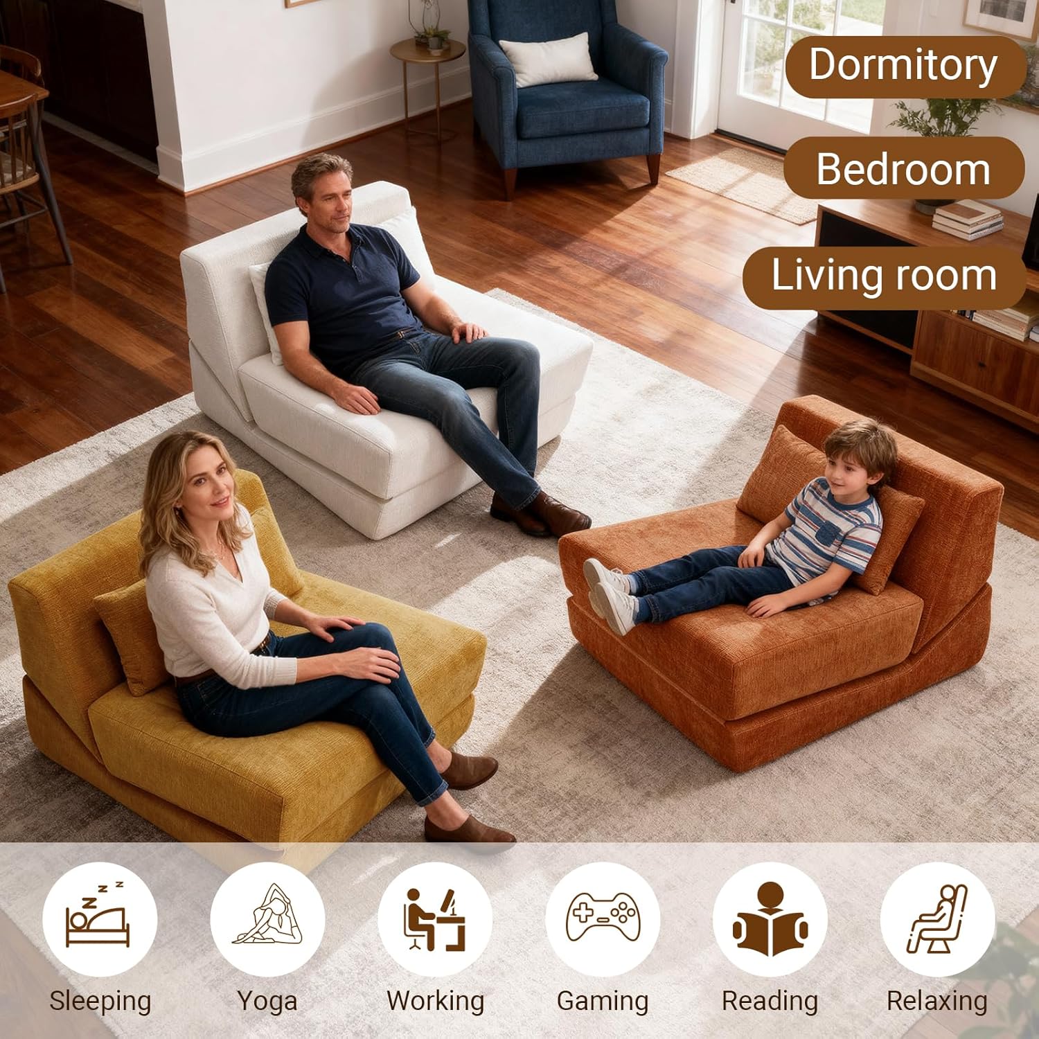 Fold Out Chair Bed, Folding Sofa Bed with High-Density Support Foam, Portable 3 in 1 Convertible Chair Bed Sleeper for Adults, Versatile Floor Couch for Living Room Bedroom, Yellow | With ashable cover, Foldable chair bed