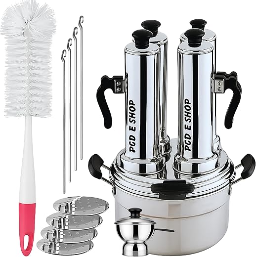 PGD 4 in 1 Stainless Steel Puttu Maker Set Puttu kudam for Gas & Induction Stove | 4 Cylindrical Tube, 1 Chiratta Cup | Rust-Resistant, Easy to Clean, with Bakelite Handle and Long handle cleaning brush