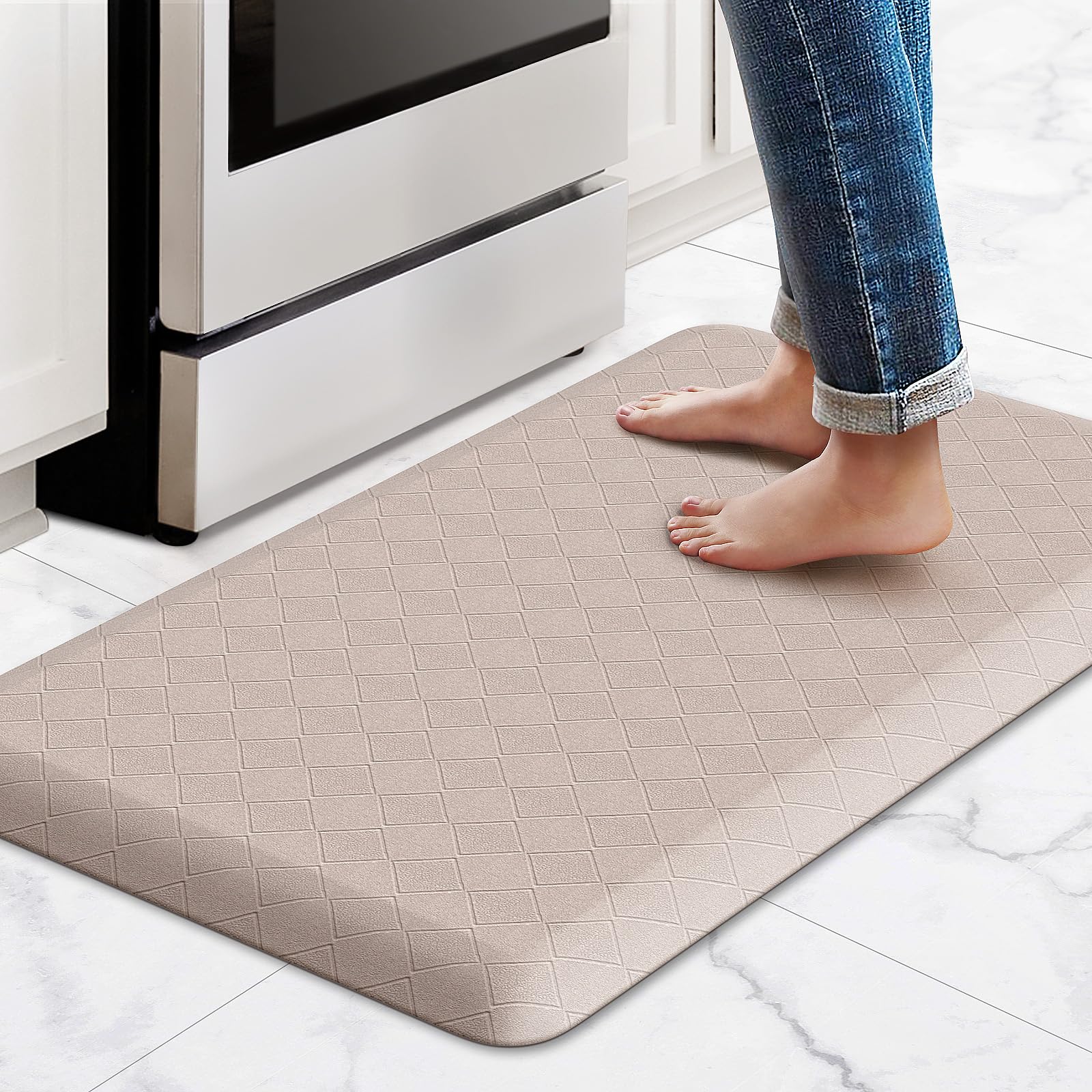 HappyTrends Kitchen Runner Rugs Anti-Fatigue mats - 4/5 Inch Thick Non Slip Waterproof Ergonomic Comfort Mat for Kitchen, Floor Home, Office, Sink, Laundry (17.3"x 28",Khaki)