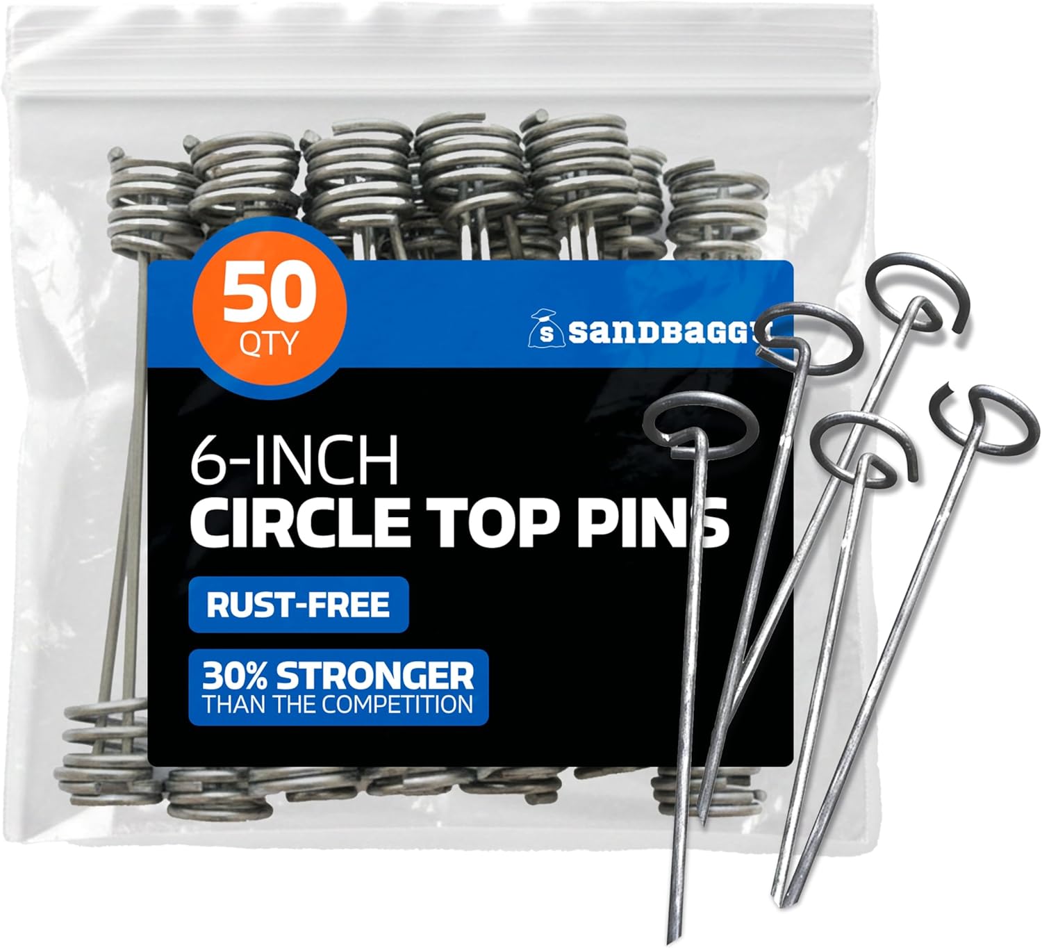 Sandbaggy 6-inch Circle Top Pins - Landscape Staples (Galvanized) - Garden Stakes for Landscaping, SOD - Heavy Duty Ground Stakes, Lawn Turf Spikes, Weed Mats | 1 Year Rust-Free Warranty (50 Pins)