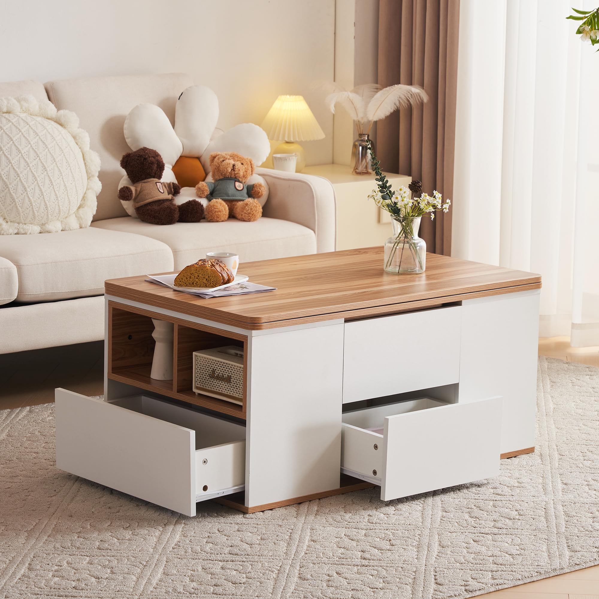 ANIROY Lift up Coffee Table, Coffee Table with 2 Drawers, Modern Side End Tea Sofa Tables for Living Room, 100 x 51 x 47cm (White)