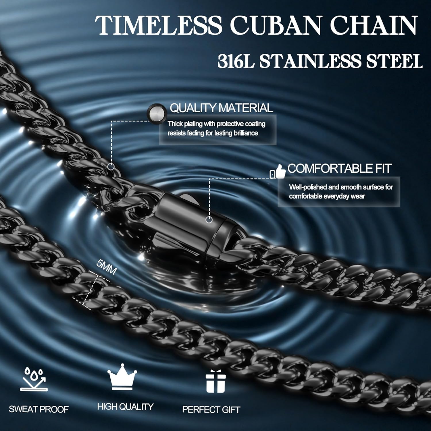 Gold Cuban Link Chain for Men Mens Stainless Steel Miami Curb Chains Necklace 5/8mm Thick Real Gold/Silver/Black Plated Diamond Cut Non-Tarnish Jewelry Trendy Christmas Gifts 18-26 Inch - Image 2