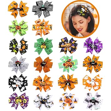 20 Pcs Halloween Hair Bow Clips Fall Cute Party Bow Hairpins Boutique Bowknot Alligator Clips Pumpkin Spider Bat Skeleton Skull Halloween Hair Accessories for Women