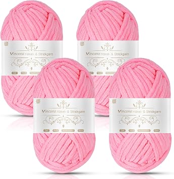Vincona Chunky Yarn 4 x 100g Multi-Colored Soft Chunky Wool for Hand Knitting, Thick Yarn for Knitting 100g Balls, Soft Fluffy Velvet Thick Knitting Yarn for Crochet Blankets, Amigurumi Light Pink