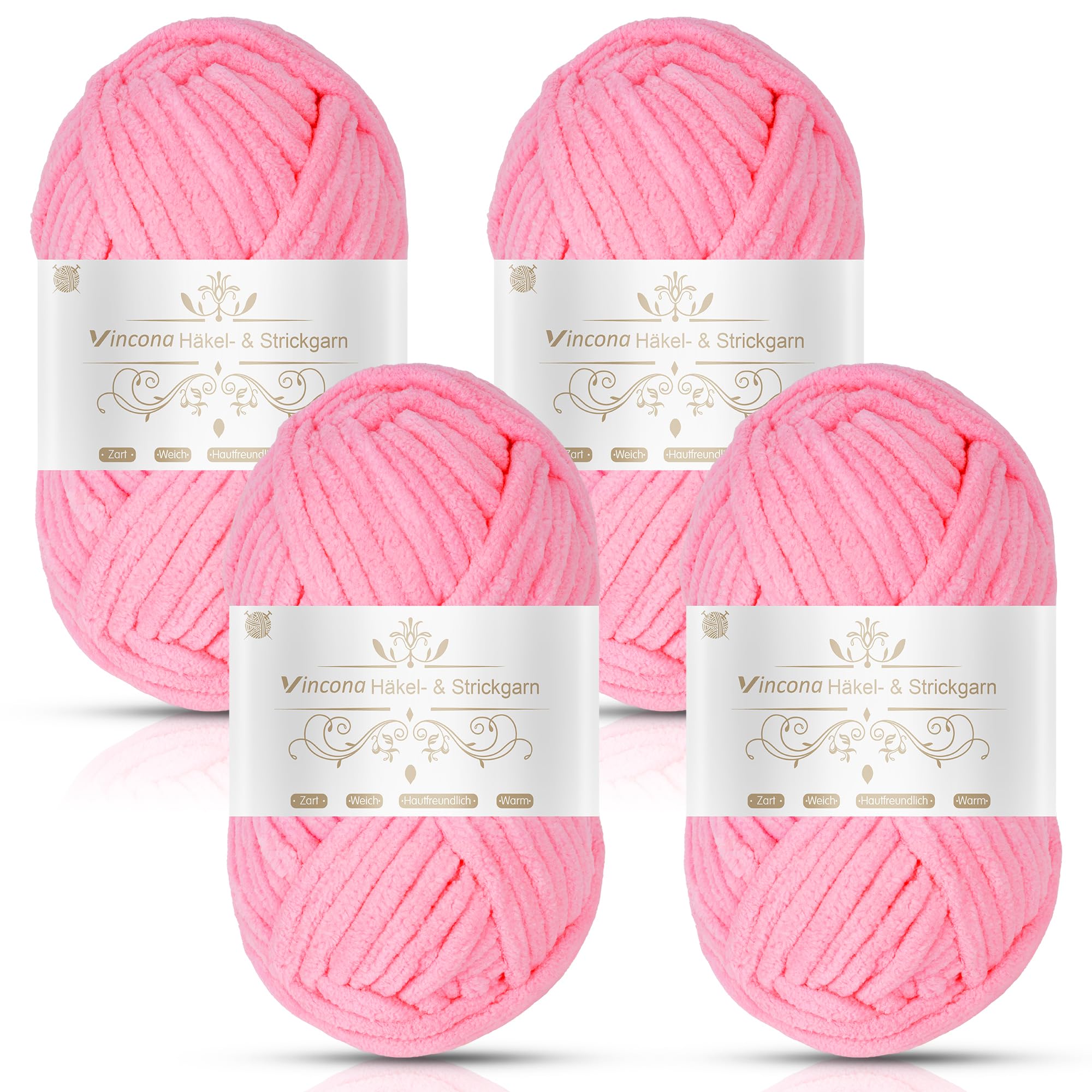 Vincona Chunky Yarn 4 x 100g Multi-Colored Soft Chunky Wool for Hand Knitting, Thick Yarn for Knitting 100g Balls, Soft Fluffy Velvet Thick Knitting Yarn for Crochet Blankets, Amigurumi Light Pink