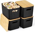 4 Packs Storage Bins with Bamboo Lids - Plastic Storage Containers with Lids Stackable Storage Box: Storage Baskets for Organizing Desktop Closet Playroom Classroom Office,White