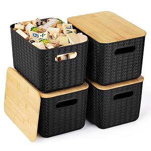 4 Packs Storage Bins with Bamboo Lids - Plastic Storage Containers with Lids Stackable Storage Box Storages Baskets