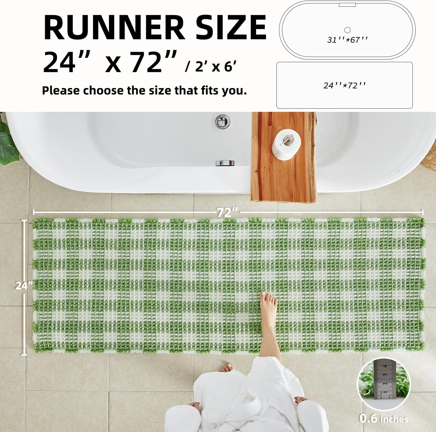 tyuu waffle runner rug bathroom, long boho bathroom rugs non slip washable absorbent checkered bathroom mat quick dry cute bath mat, 72"x24" green and white white & green 2' x 6' (runner)