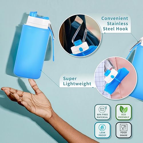 Miniatura 9 de Botellas de agua plegables de 19 onzas con boquilla y mosquetón, silicona sin olor sin BPA, botella plegable reutilizable a prueba de fugas, claro
