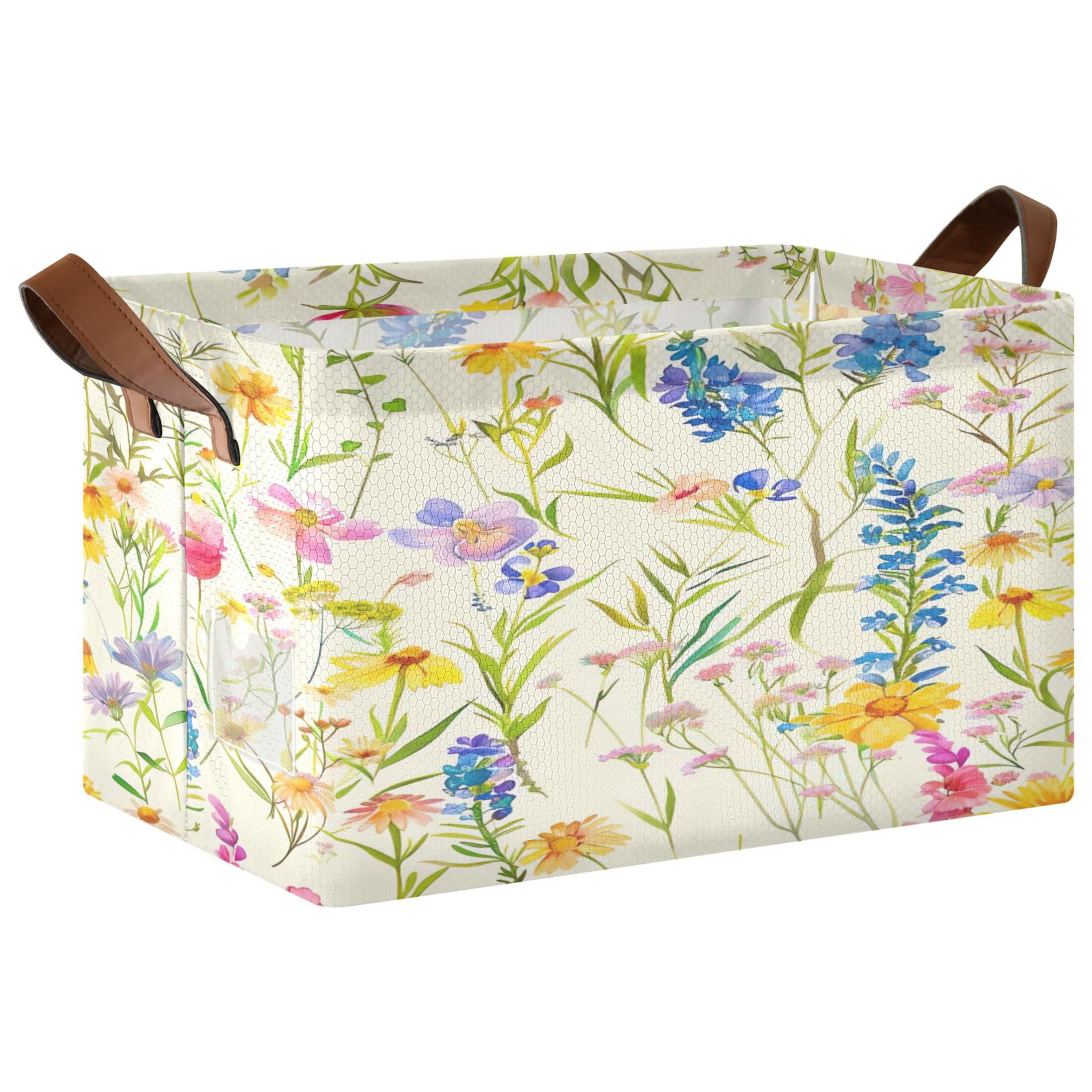 Kutsu Foldable Storage Basket Wildflowers Collapsible Storage Bin with Handles for Shelves, Rectangle Basket for Home Nursery Decor, 16.9x11.4x10 in