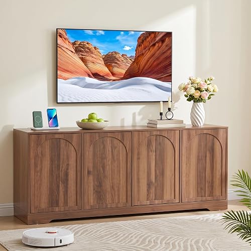 Bifins 62.2 Inch TV Stand for TVs up to 70 Inches, Tall Entertainment Center Cabinet with 4 Fluted & Arched Doors and Cable Management for Living Room Bedroom, Walnut
