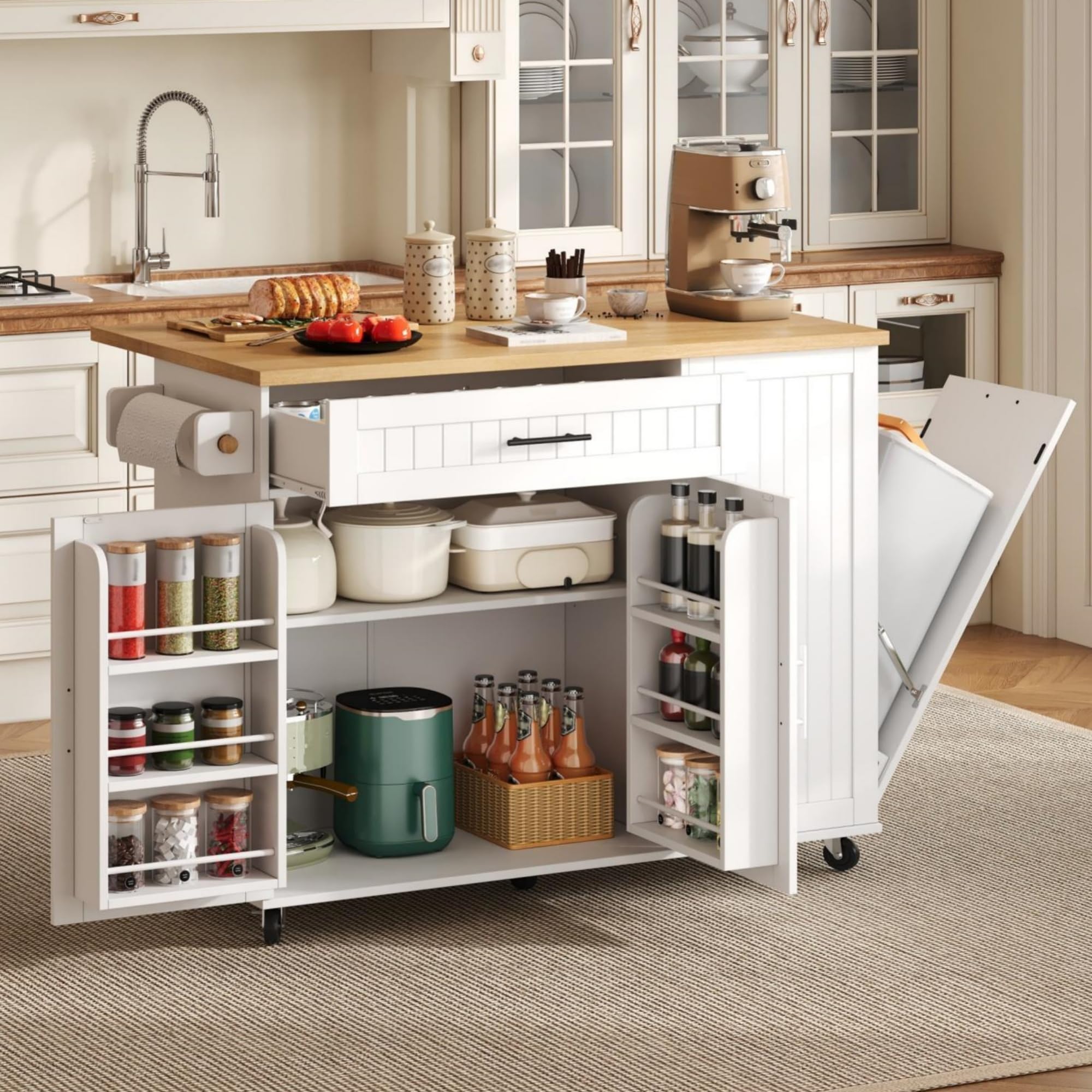 Kücheninsel mit Klappbare Arbeitsplatte(45–70 cm), Hochglanz Küchenschrank mit Mülleimerschrank und Ablage über der Tür, Küchenkommode mit Feststellbare Rollen, für Esszimmer/Küchen