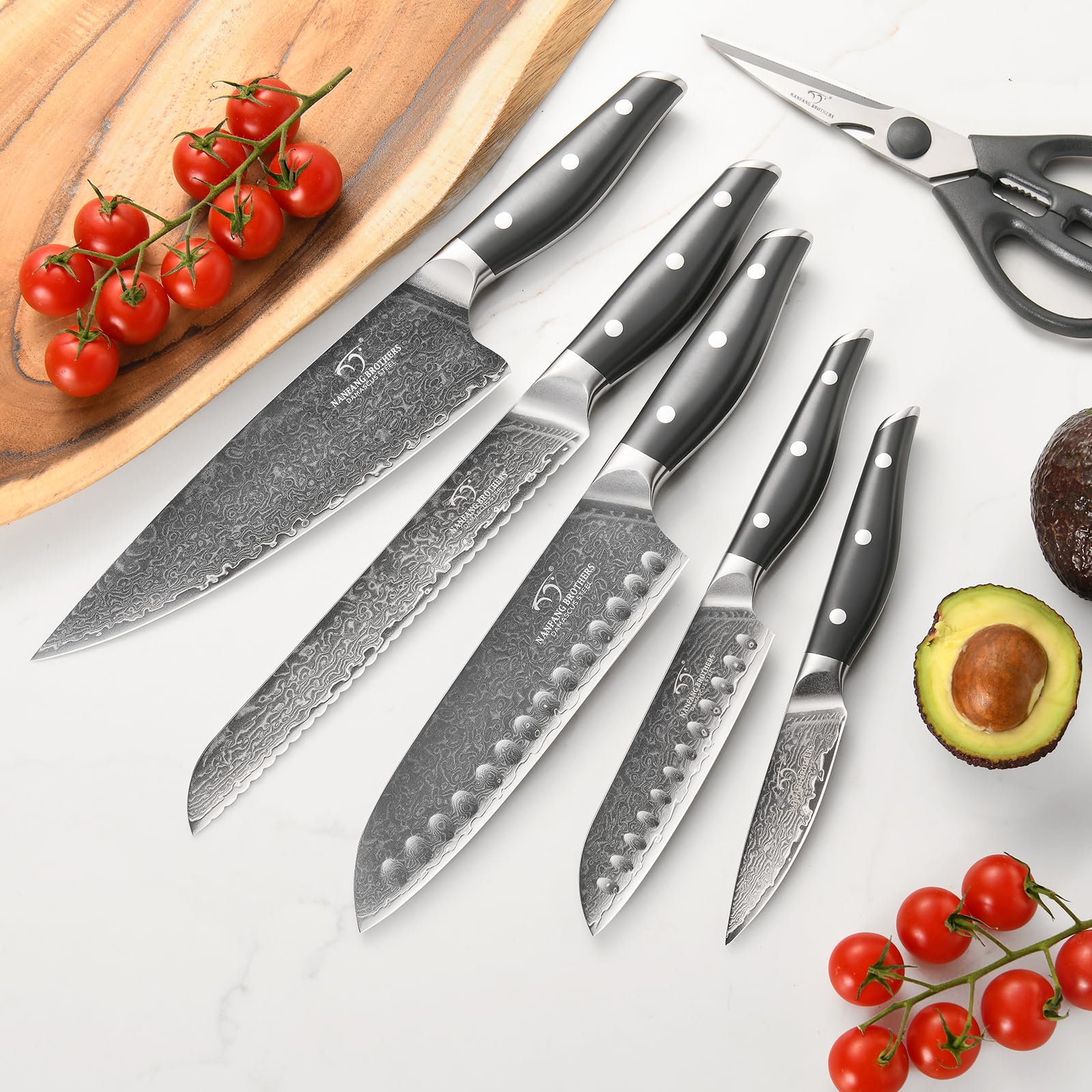 NANFANG BROTHERS Set di coltelli da cucina Damasco 7 pezzi con blocco, manico in ABS antiscivolo, set di coltelli in acciaio inox ultra affilati con blocco, coltello da chef, coltello da pane, ecc