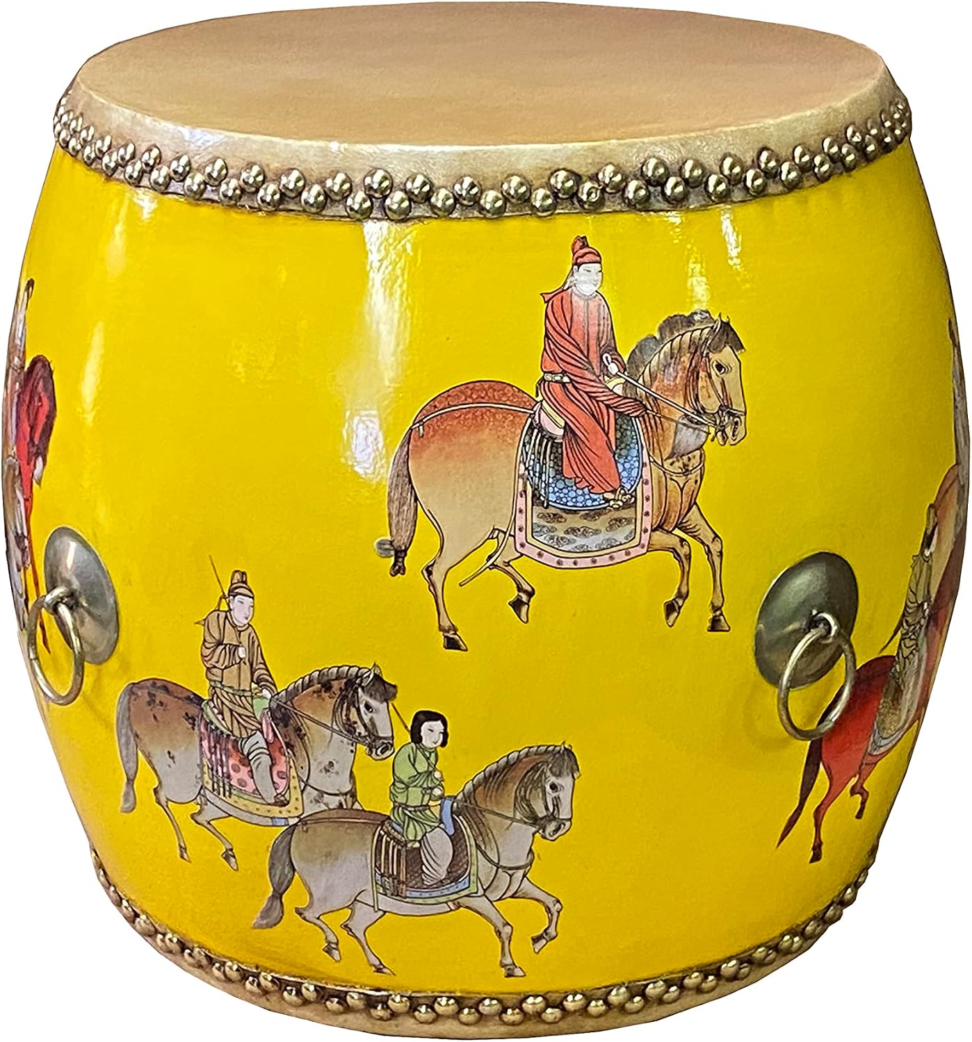 Handmade Small Round Low People Horses Graphic Drum Shape Table Acs7415