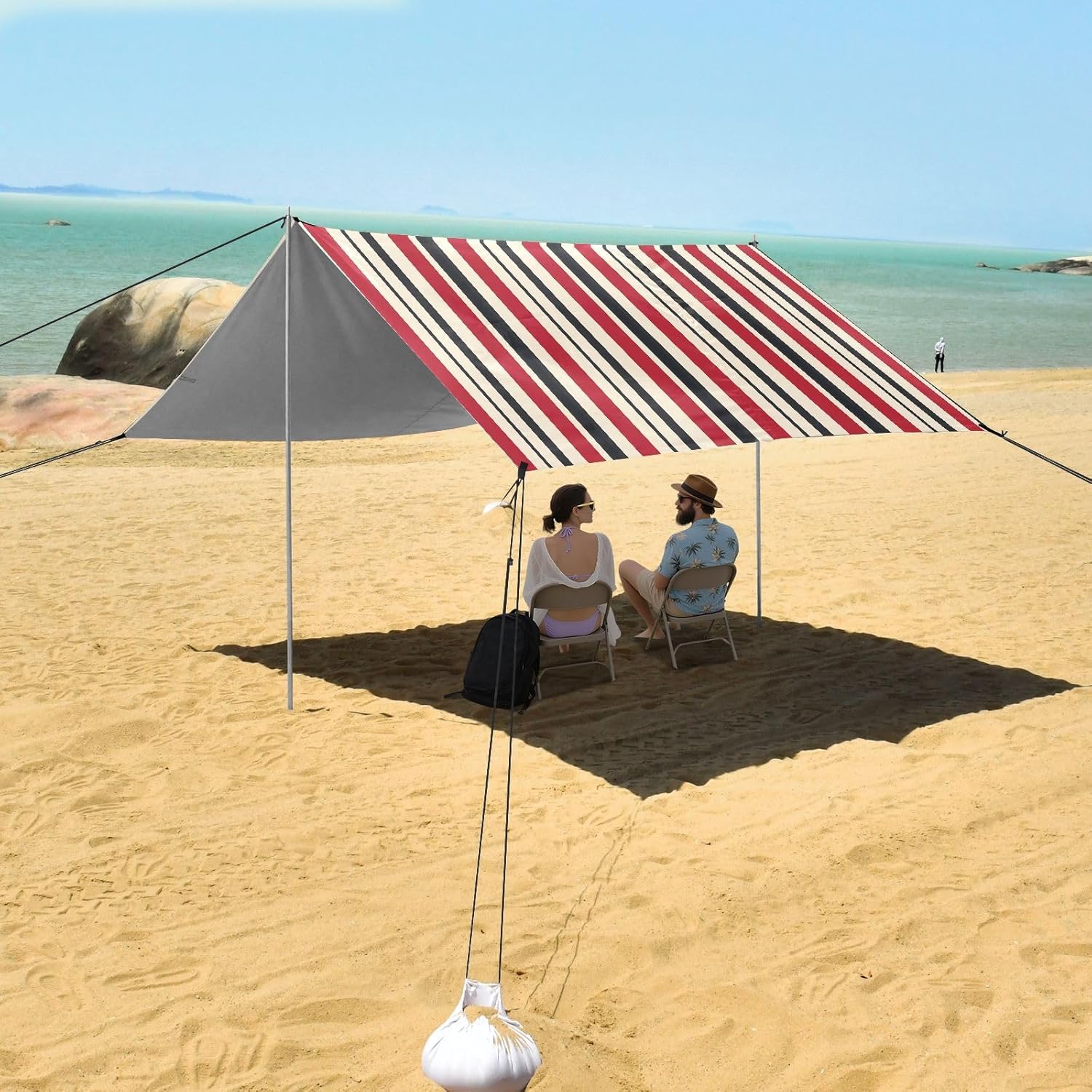 ALAZA Red & Black Stripes Beach Tent Sun Shelter UPF50+ Protection Beach Shade Canopy w/ 4 Sandbags for Outdoor Camping, Fishing, Backyard Fun, Picnic, 10x9 ft