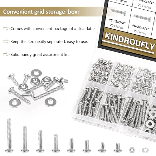 Miniatura 7 de Juego de 242 piezas #6-32x 316", 14", 516", 38", 12", 58", 34", 1", 1", Phillips Kit surtido de tuercas y arandelas de acero inoxidable 304, rosca