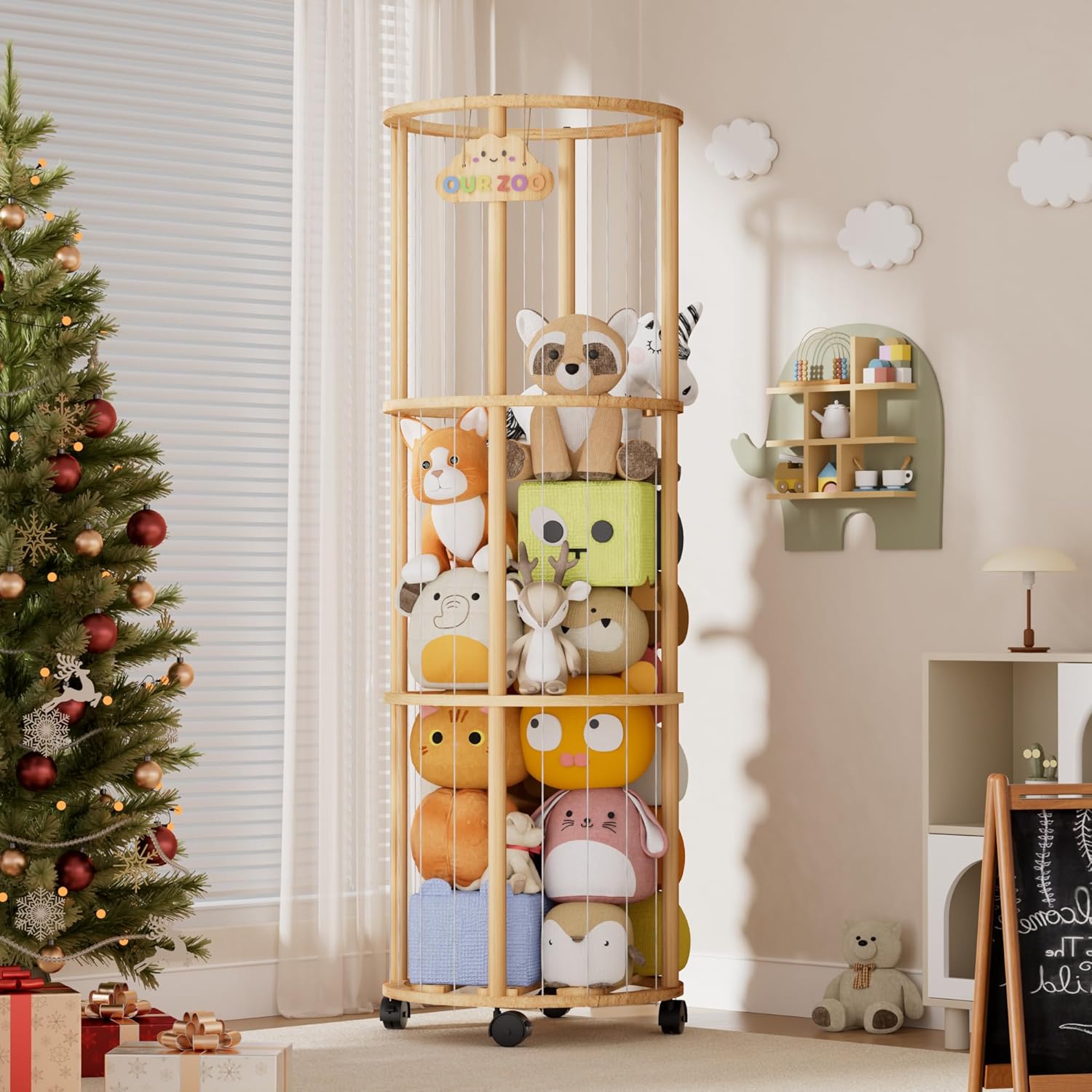 Stuffed Animal Storage with Wheels, Wooden Toy Organizer with Extra Large Capacity, Space Saving Plush Holder, Cute Stuffed Animals Zoo for Toddler Rooms, Playrooms, Bedrooms & Living Rooms