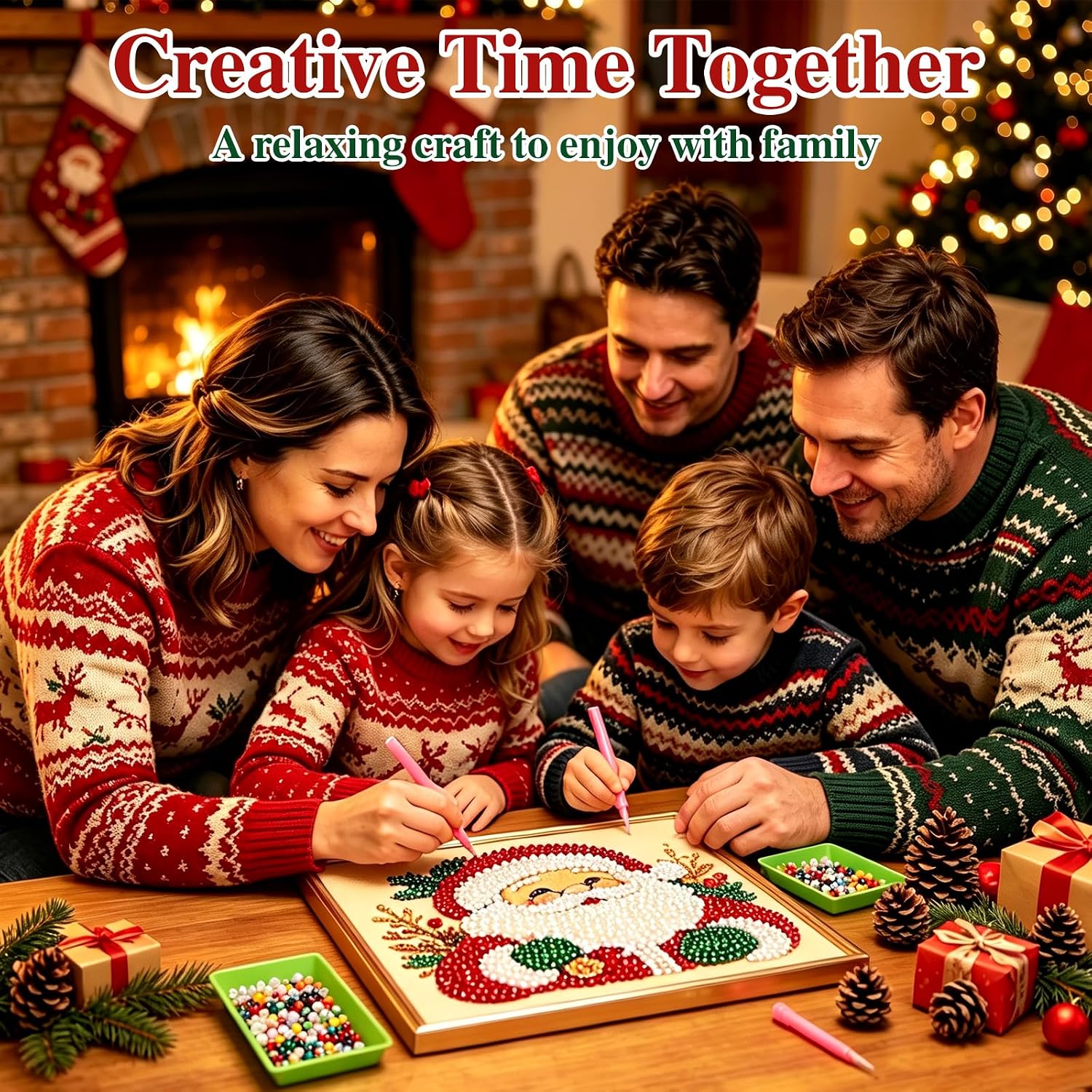 DIY Christmas Pearl Diamond Art Painting Art Kit with Frame, Christmas Pearl Beads Art Craft for Adults & Beginners, Cute Diamond Dots Handmade Painting Kit for Home Wall Decor