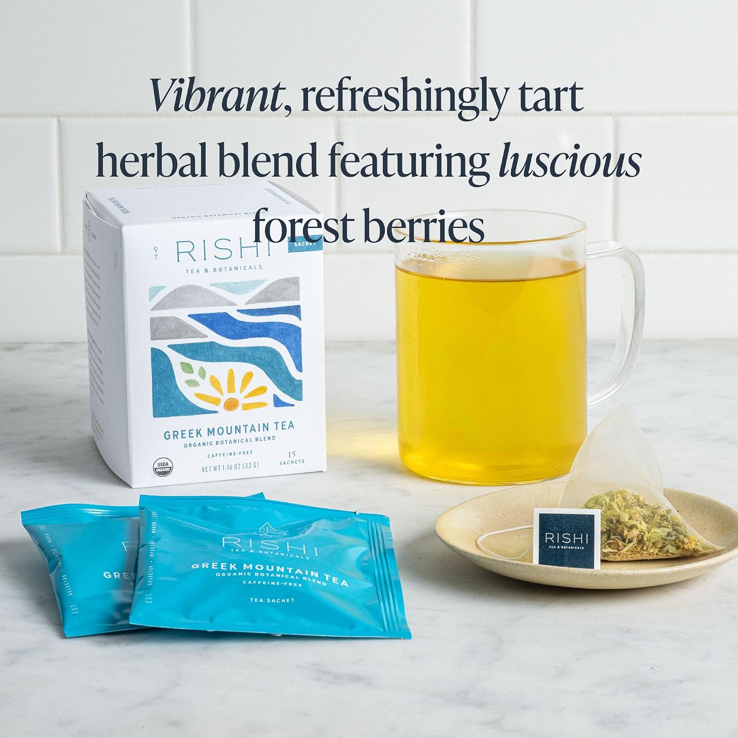 Rishi Tea Greek Mountain Tea Herbal Tea - Organic, Caffeine Free Sachet Tea Bags, Sleep Friendly, Fortifying Botanical Blend - 15 Count (Pack of 6)
