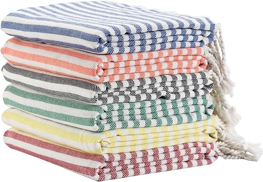 6 Pack Turkish Striped Beach Towels Bulk Oversized 39"x71" Large Bath and Pool Set Quick Dry Lightweight Travel Towel for Adult,100% Cotton