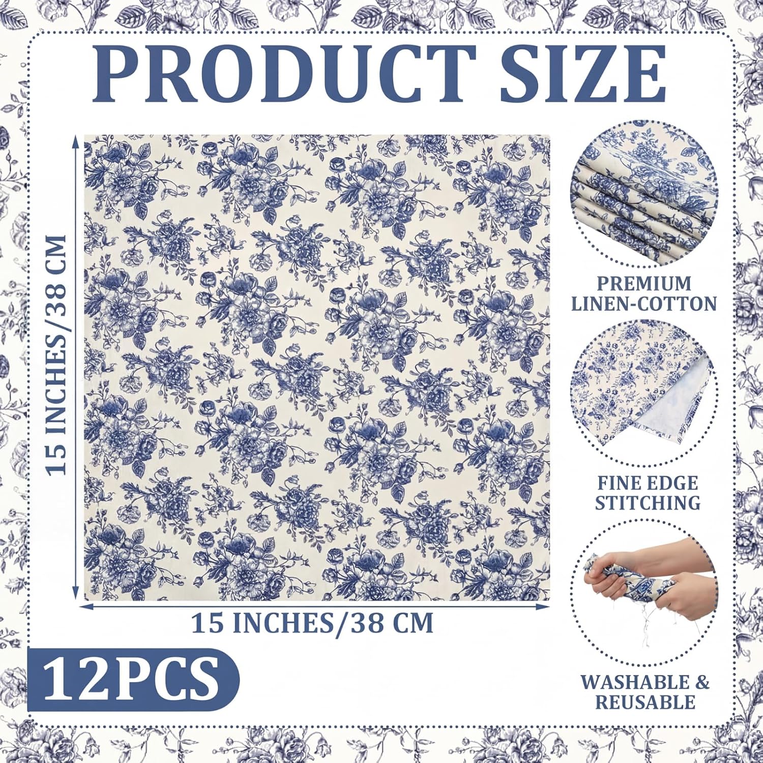 Mindsoft Set of 12 Floral Linen Cloth Napkins Blue Floral Printed Dinner Napkins Cloth 18 x 18 Inch Washable Reusable for Dinner Home Restaurant Wedding Hotel