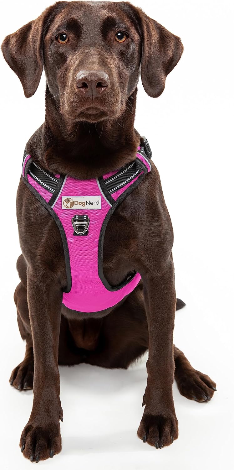 Premium Adjustable Full Coverage Vest/Harness - Large (50-90lb) Dogs – Metal Clips, Padded Handle, 2 Leash Clips, Durable Oxford Fabric, Breathable, Reflective Trim - No Choke, No Pinch (Pink)