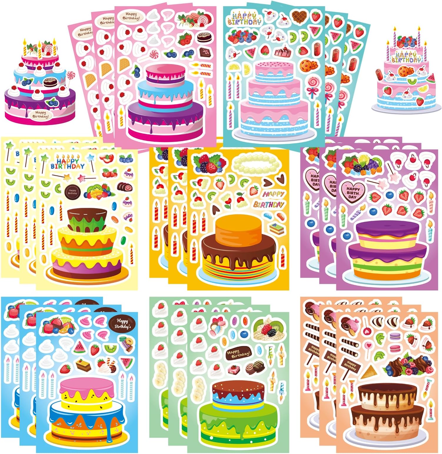DUJAA 24 Sheets Birthday Stickers, Make-a-Cake Sticker for Kids, Birthday Cake Sticker Set, Color, Cartoon Style, Paper Material, Indoor Use, Kids' Party Gift, Scrapbook Decor, 24 Count