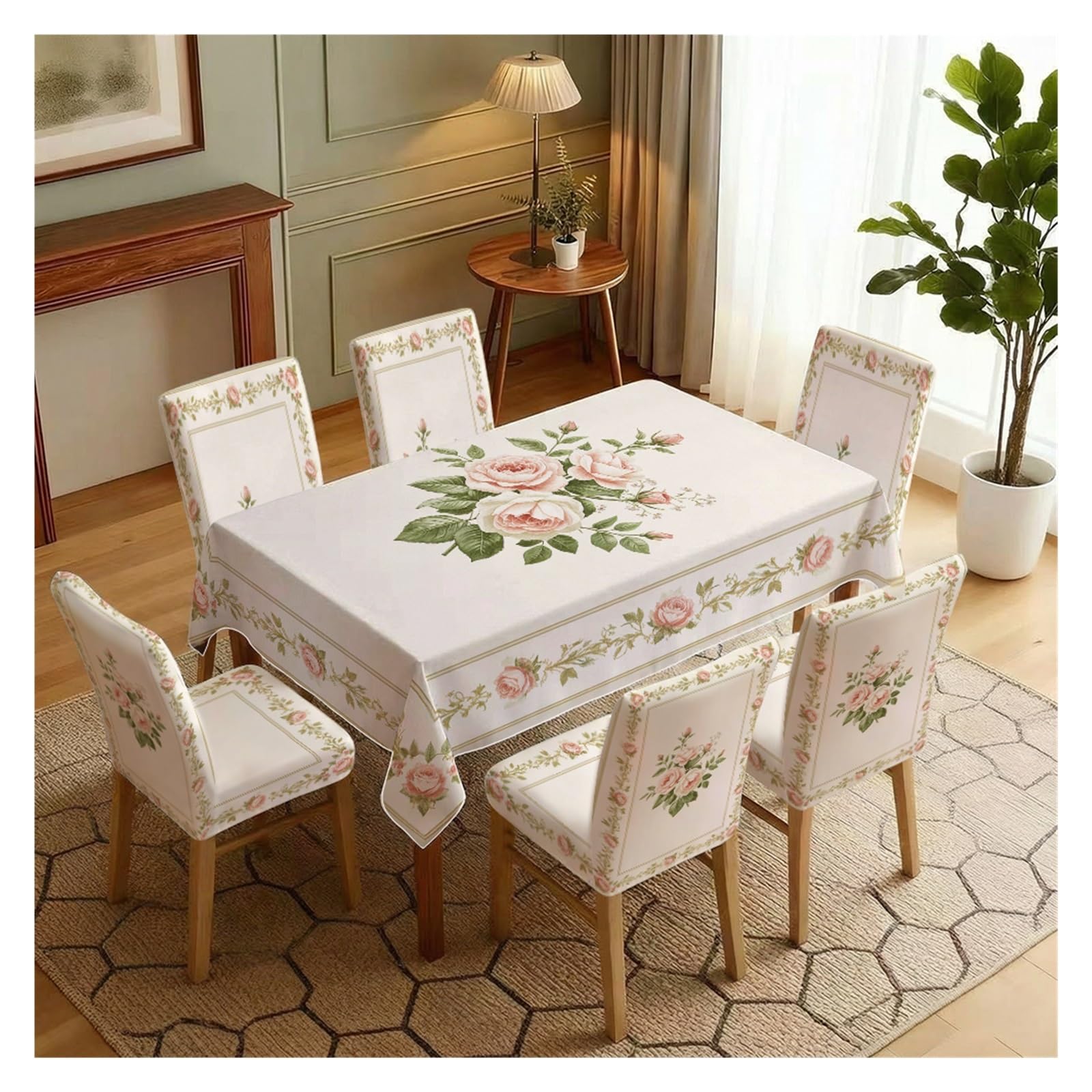 BOSUYBN Vintage Pink Rose Floral Dining Tablecloth & Chair Covers Set, 5/7 Piece Classic Cottage Home Decor Table Setting(7pcs Set: Tablecloth+Chair Covers)