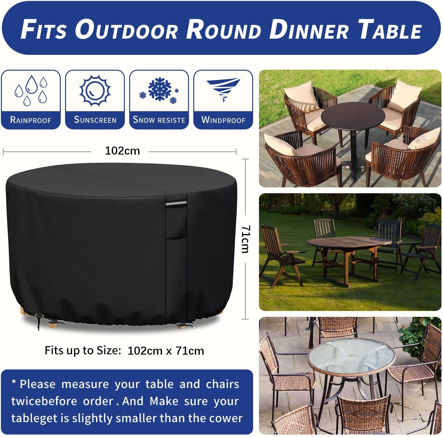RICHIE Garden Furniture Covers Waterproof Garden Outdoor Table Cover 102x71cm, Heavy Duty 600D Oxford PVC Breathable Coating for Furniture Sets Patio Table Cover Black - Image 3