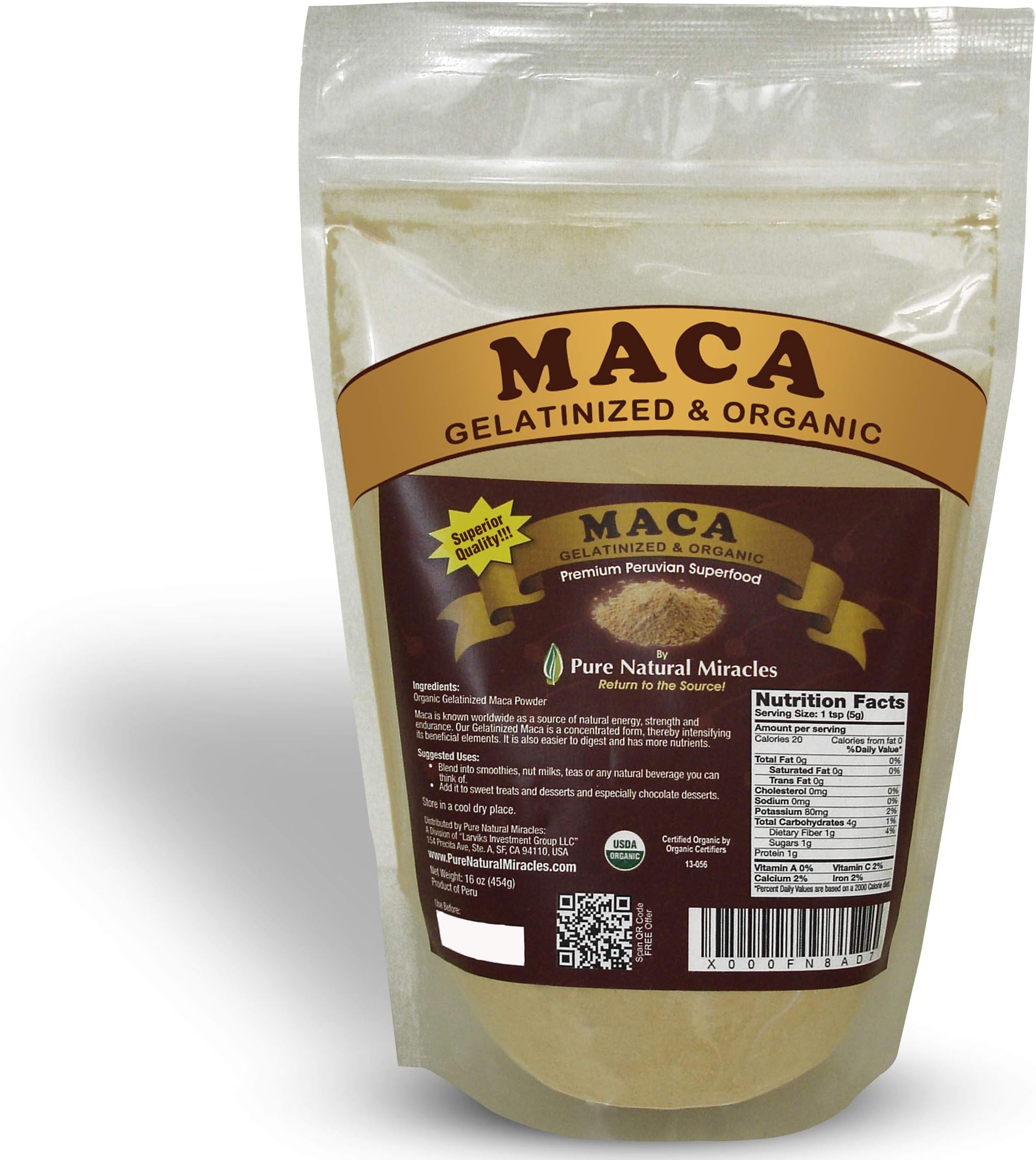 Organic Gelatinized Maca Root Powder (16 oz) - Peruvian Adaptogenic Superfood for Energy, Hormonal Balance & Endurance - Non-GMO, Vegan Herbal Booster for Men & Women