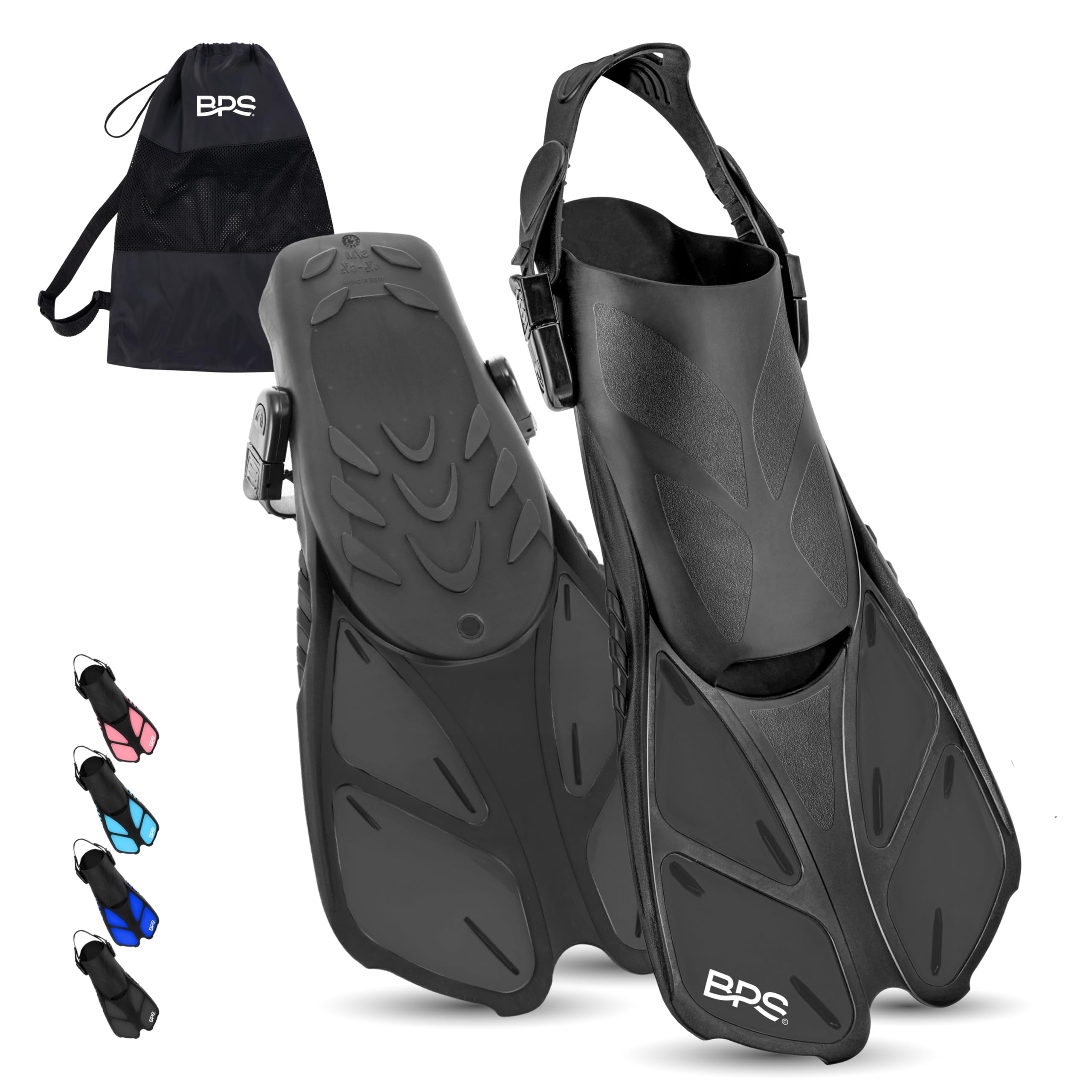 BPSNew Zealand Snorkel Fins Travel Size Open Heel Short Adjustable Swim Fins for Swimming Adult Snorkeling Diving Scuba Flippers Men Women Kids