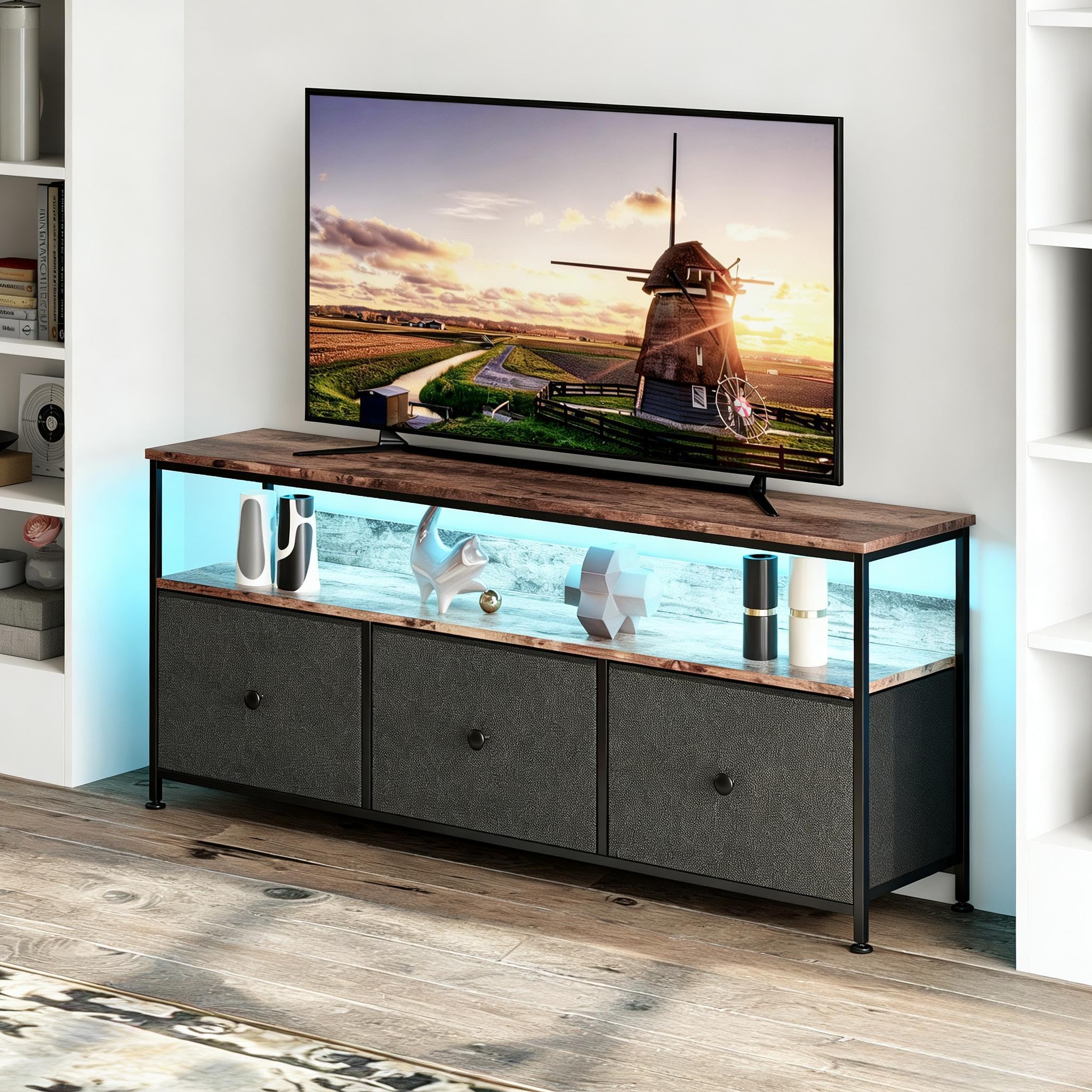PerGar Szafka pod telewizor, szafka pod telewizor, szafka pod telewizor z 3 szufladami z materiału, komoda z drewnianym blatem, szuflady z materiału, do salonu, sypialni, korytarza, vintage