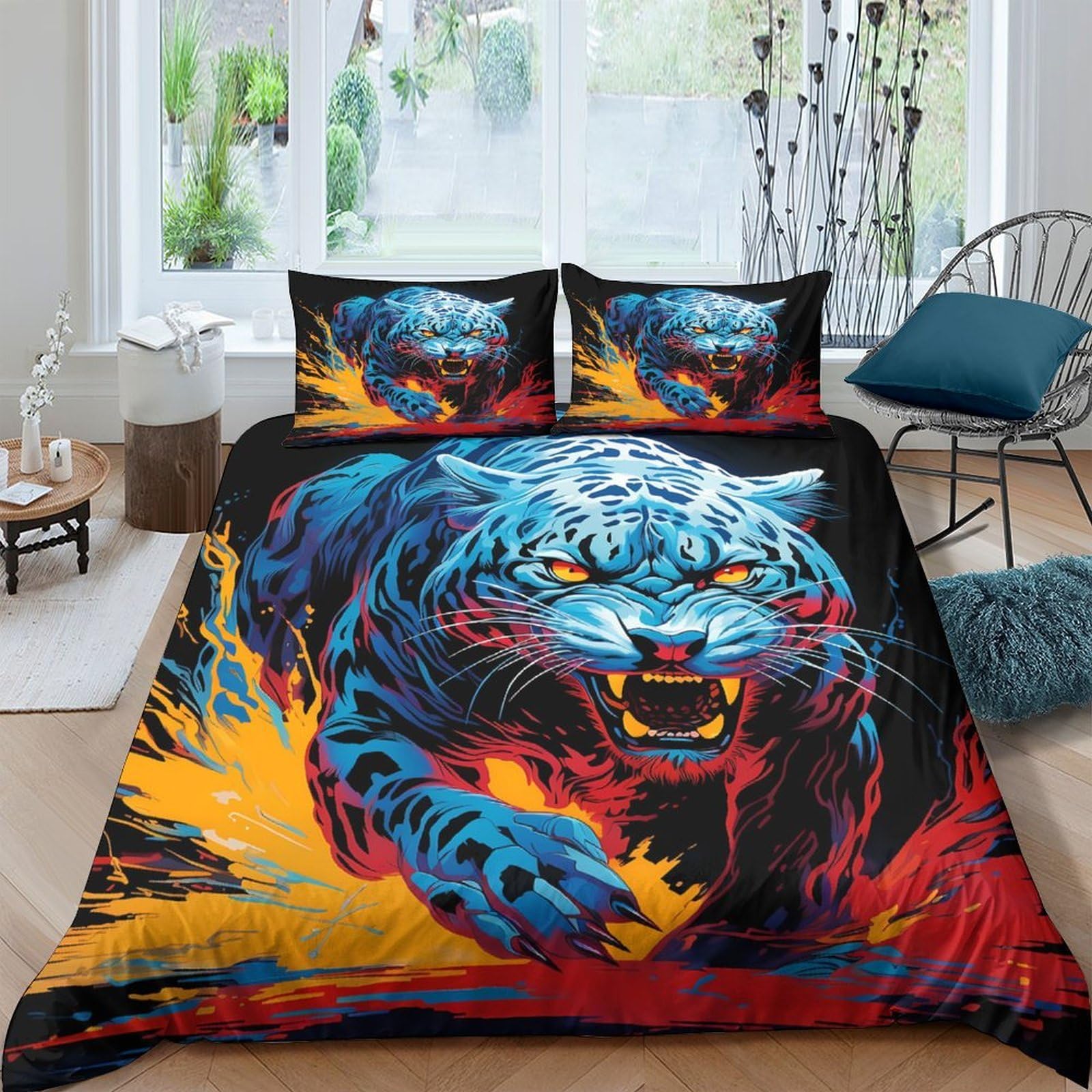 TUFRTGYHN 3D Printed Blue Tiger Duvet Cover Microfiber Soft Breathable Fire Splash Bedding Set with 2 Pillowcases for Bedroom Decor Single（135x200cm）
