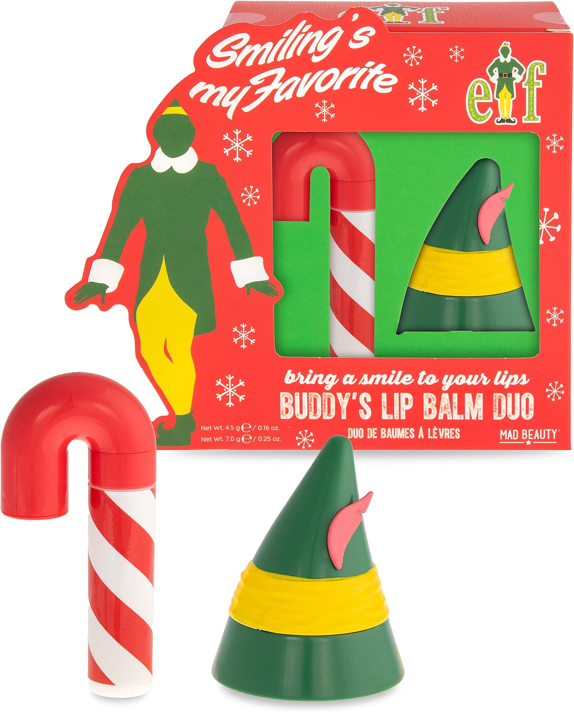 MAD BEAUTY Warner Bros Elf Lip Balm Duo, Candy Cane & Elf Hat, Sweet Fruity Fragrance, Moisturizing, Gift, Travel Size, Christmas, Holidays