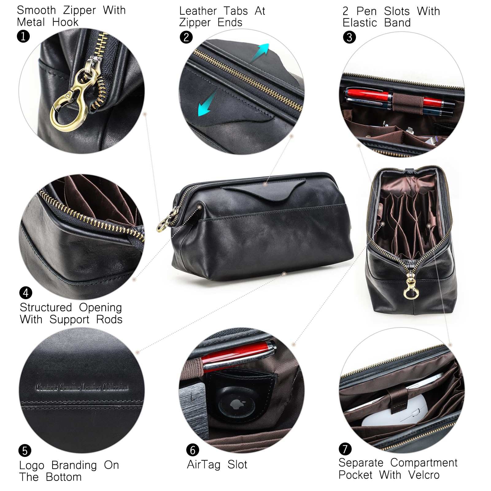 CONTACT'S FAMILY Sac électronique en cuir, étui de rangement de câble de voyage vintage pour accessoires numériques, pochette en cuir véritable, Noir , Organiseur de sac