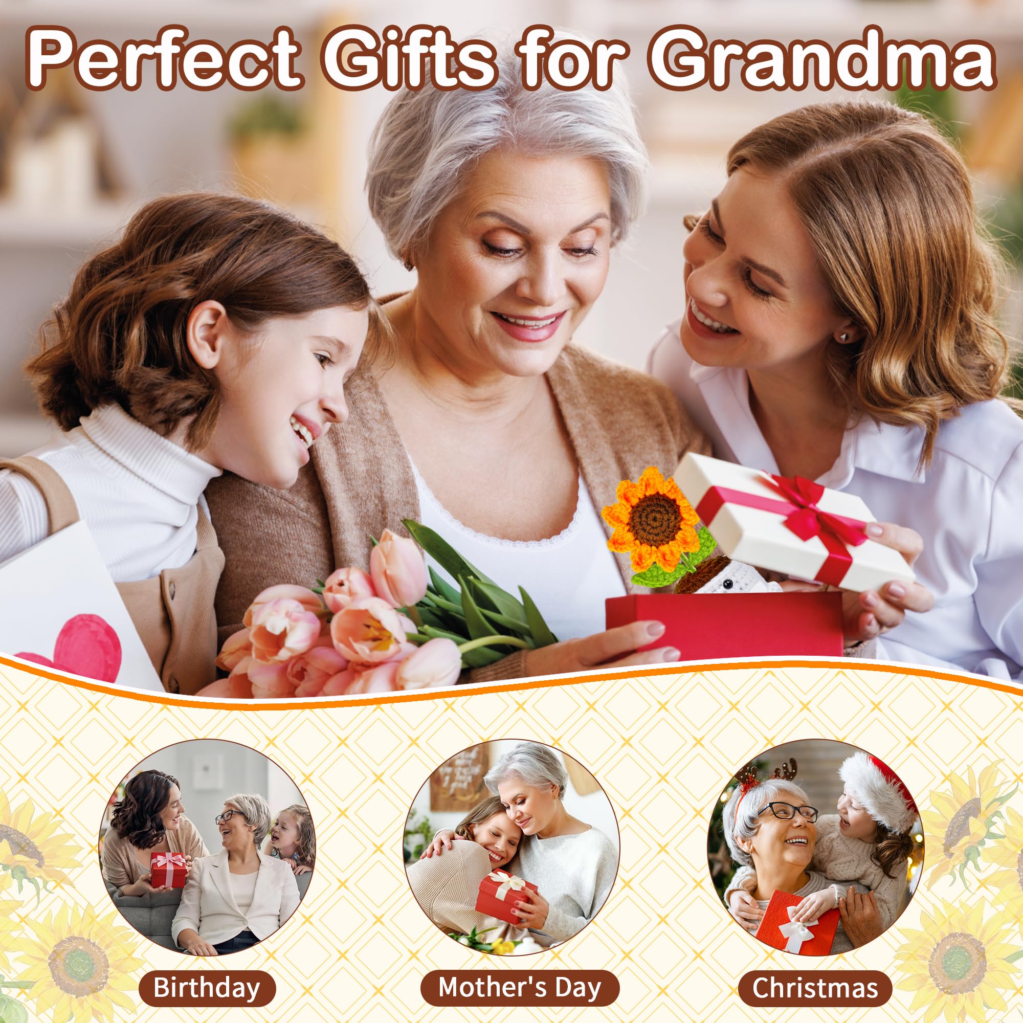 Qunland Mothers Day Birthday Gifts for Grandma, Grandma Gifts from Grandkids, Mother's Day Birthday Gift for Nana Grandmother GaGa, Handmade Crochet Mini Sunflower Pot Doll I Love You for Gigi