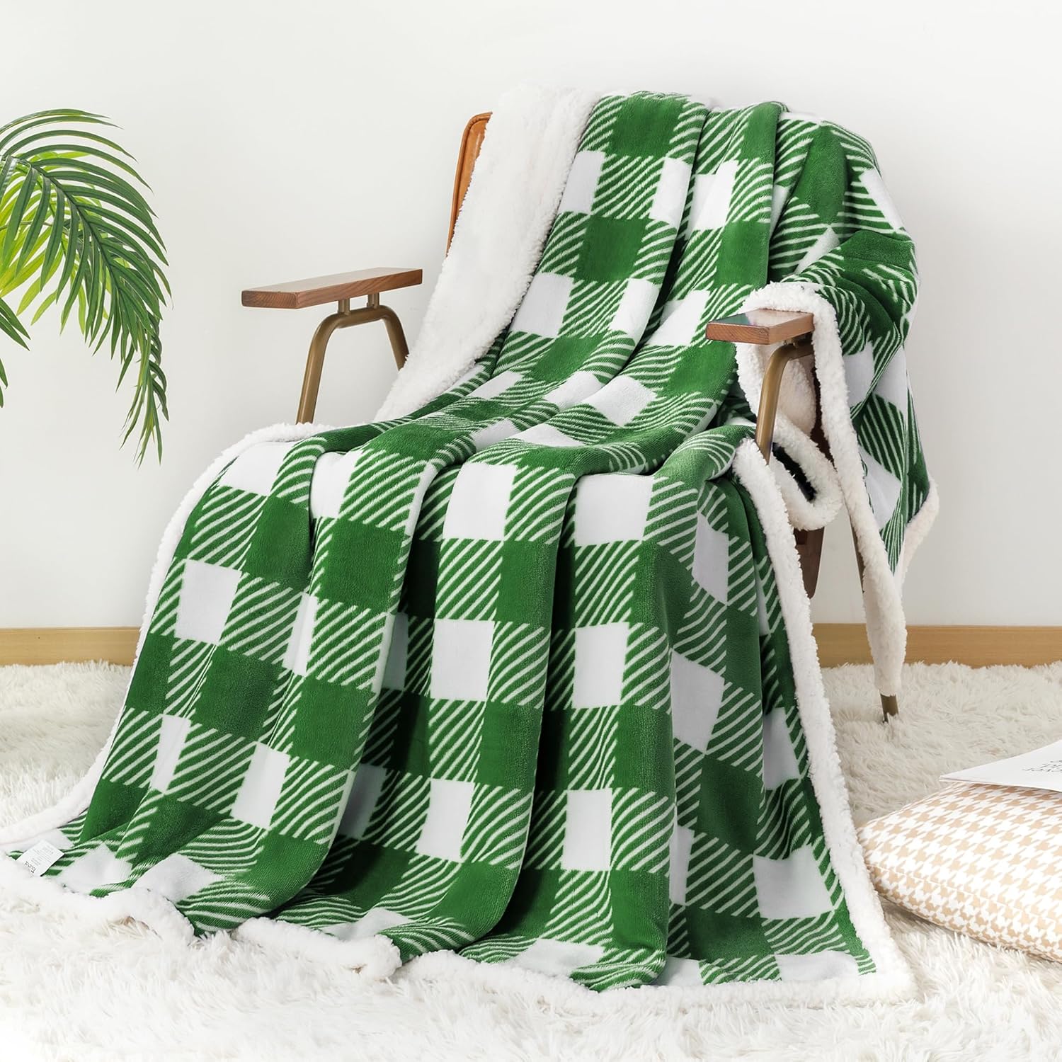 Touchat Sherpa Plaid Twin Blanket 60" X 70", Fuzzy Fluffy Soft Cozy Throw Blanket, Twin Size Plush Fleece Flannel Plush Microfiber Blanket for Couch Bed Sofa (GreenWhite) - Image 5