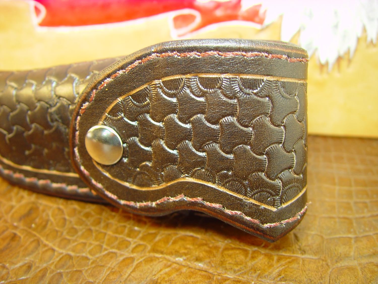 Custom Made Buck 110 Knife Sheath, left hand carry dyed dark brown lined with Soft Suede to Protect You Finer Knives.