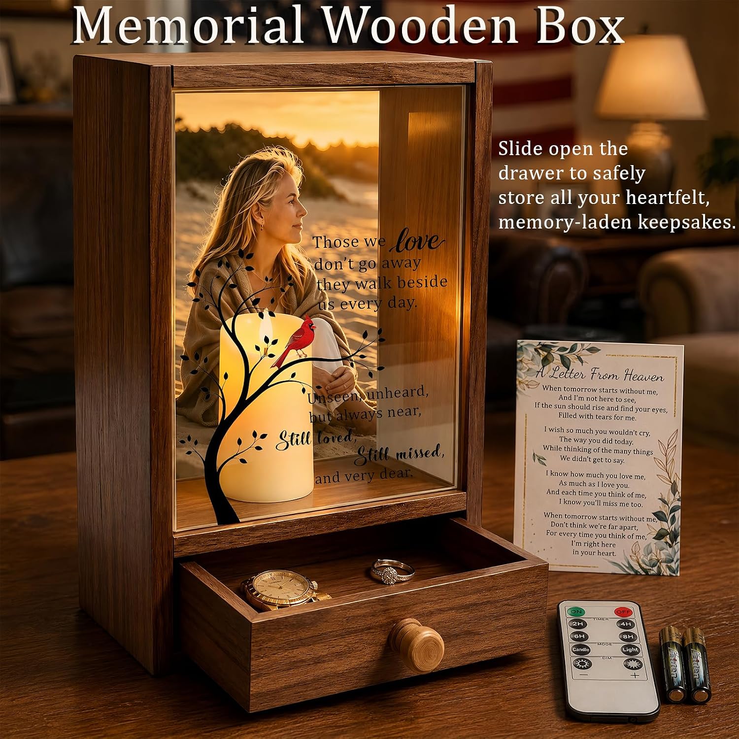Sympathy Gift Loss of Loved One, Memorial Frame LED Candle Drawer 5x7 Brown