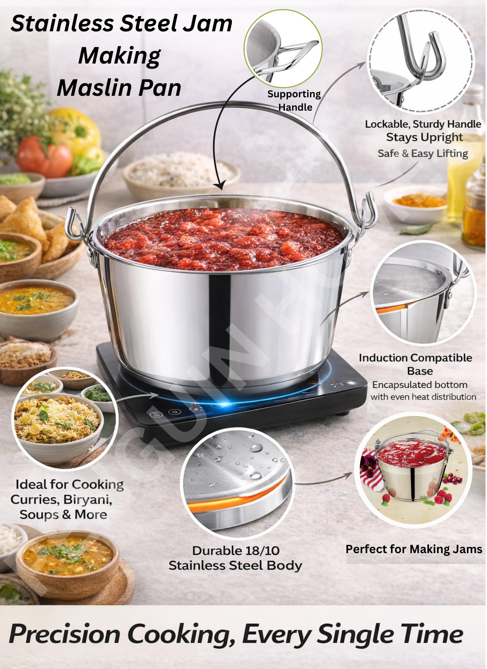 Penguin Home Sartén de 5 L con embudo de mermelada de cuello ancho de 14 cm, olla de acero inoxidable con embudo de conservas de acero para conservar, sartén combinada y embudo de mermelada con mango