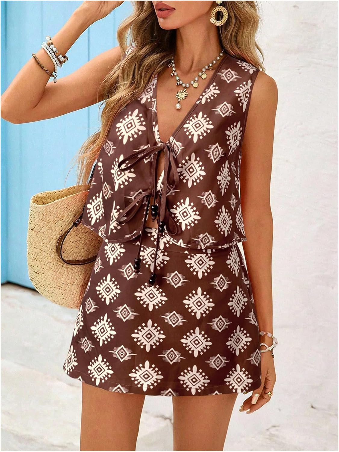 MakeMeChic Women's 2 Piece Summer Outfits Graphic Tie V Neck Tank Top and Mini Skorts Matching Sets Boho