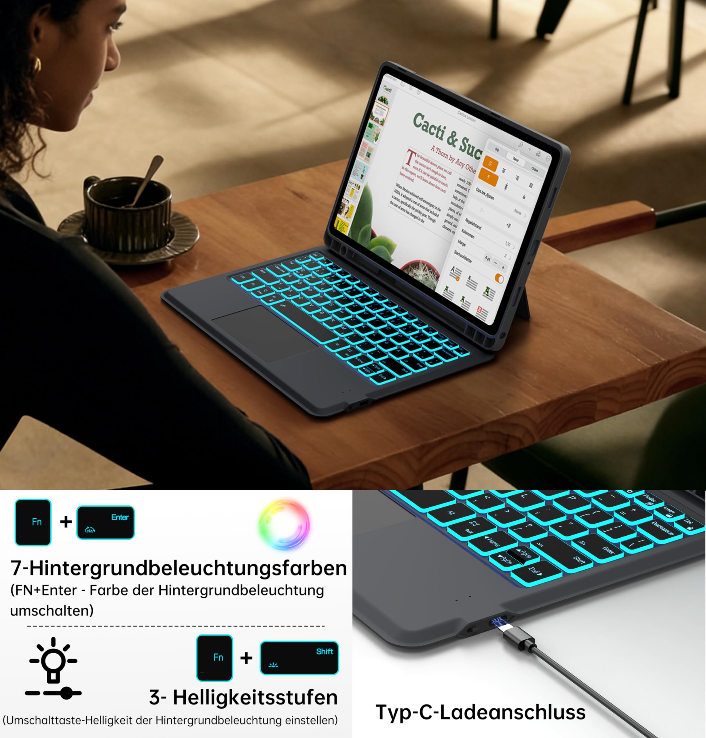 für Samsung Galaxy Tab A11+ Plus/A9+ 11 Zoll Hülle Tastatur mit Trackpad | 7 Farben Hintergrundbeleuchtung, DeX-Taste, Präzises Touchpad, Deutsches QWERTZ-Layout, Stifthalter, Abnehmbar, Magnetisch