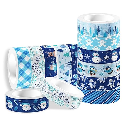 Miniatura 4 de 12 rollos de cinta Washi de Navidad de invierno, muñeco de nieve, muñeco de nieve, hombre de jengibre, cinta adhesiva decorativa de animales azules